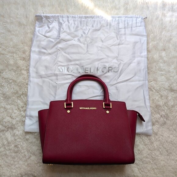 NWT Michael Kors Selma Saffiano Leather Medium Satchel (color: cherry) - Picture 2 of 9